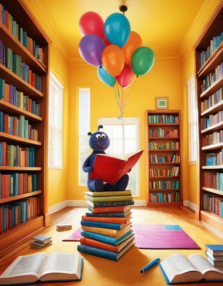A whimsical illustration of a playful library filled with oversized books, vibrant word balloons, and colorful tools like a quill and thesaurus. In the foreground, a cheerful character is joyfully juggling letters and words, symbolizing the excitement of language learning. The background features a bright, inviting atmosphere, with shelves of books bursting with colors and ideas. super-realistic. vibrant colors. whimsical style.