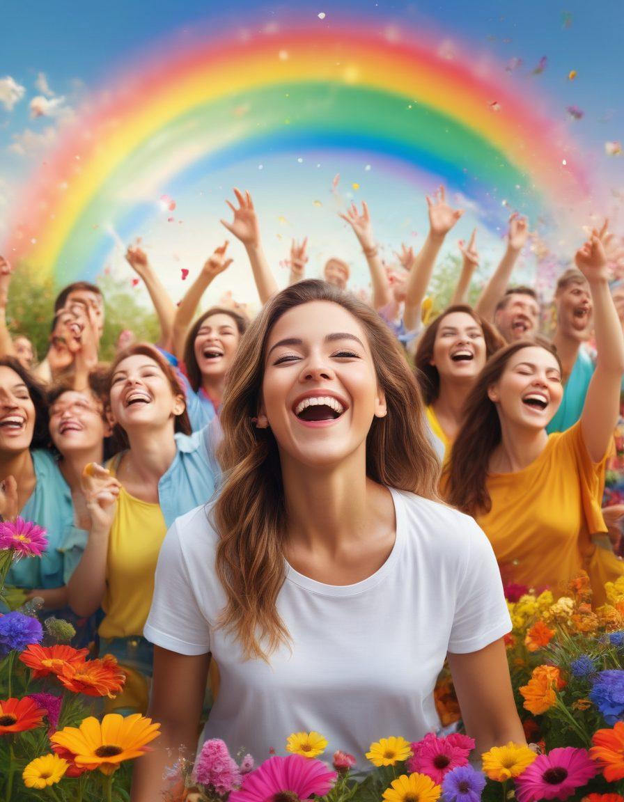 A vibrant scene depicting a diverse group of people radiating joy, surrounded by colorful symbols of happiness like sunshine, flowers, and laughter. Include a rainbow in the background to symbolize hope and positivity, with whimsical fonts displaying words synonymous with happiness like 'joy,' 'bliss,' and 'cheer'. Emphasize facial expressions and colorful attire. super-realistic. bright colors. white background.